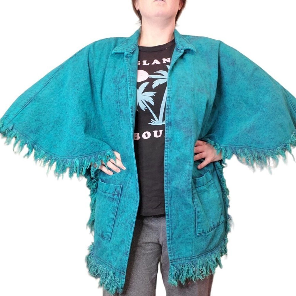 Vintage 80s Denim Green Black Acid Wash Grunge Frayed Statement Jacket One Size